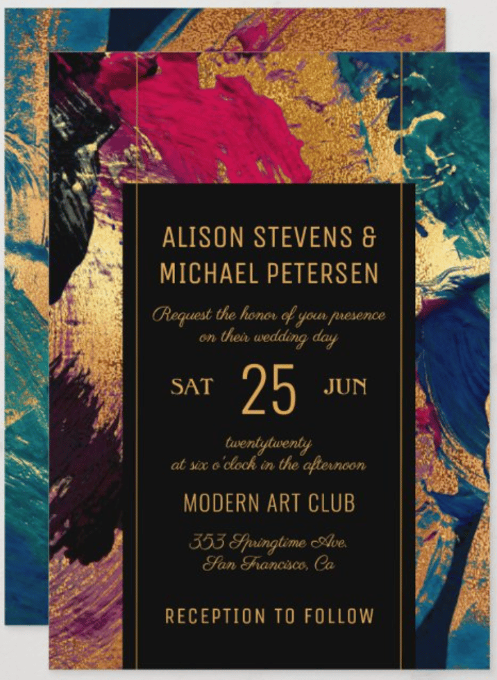 Modern Abstract Painting Gold Black Red Wedding Invitation