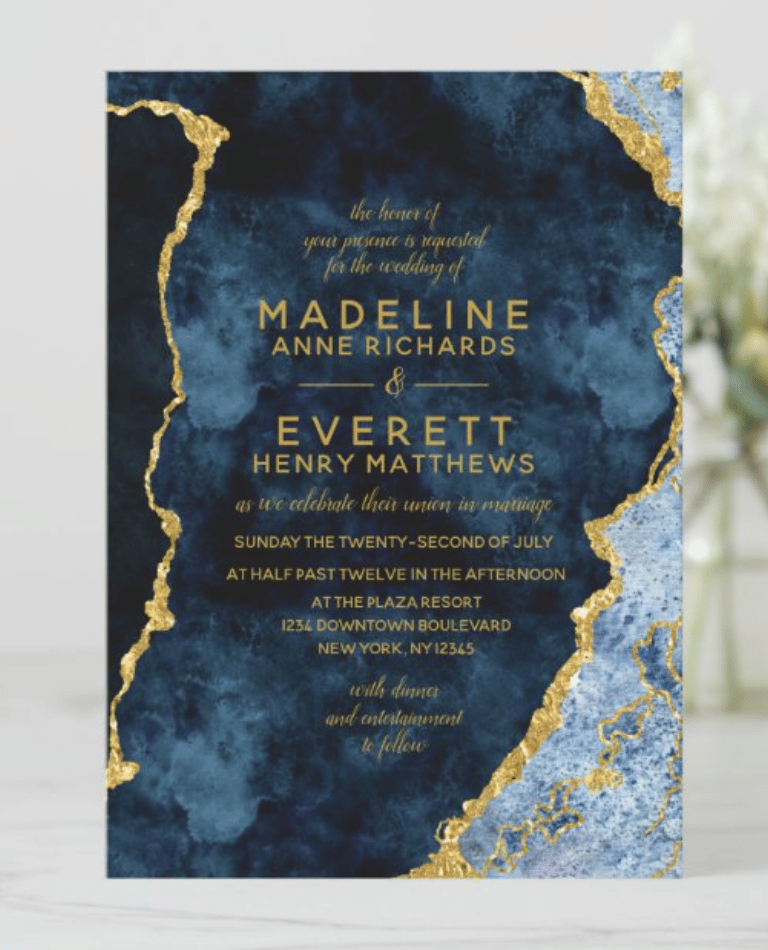 Navy Blue & Gold Foil Agate Wedding Invitations