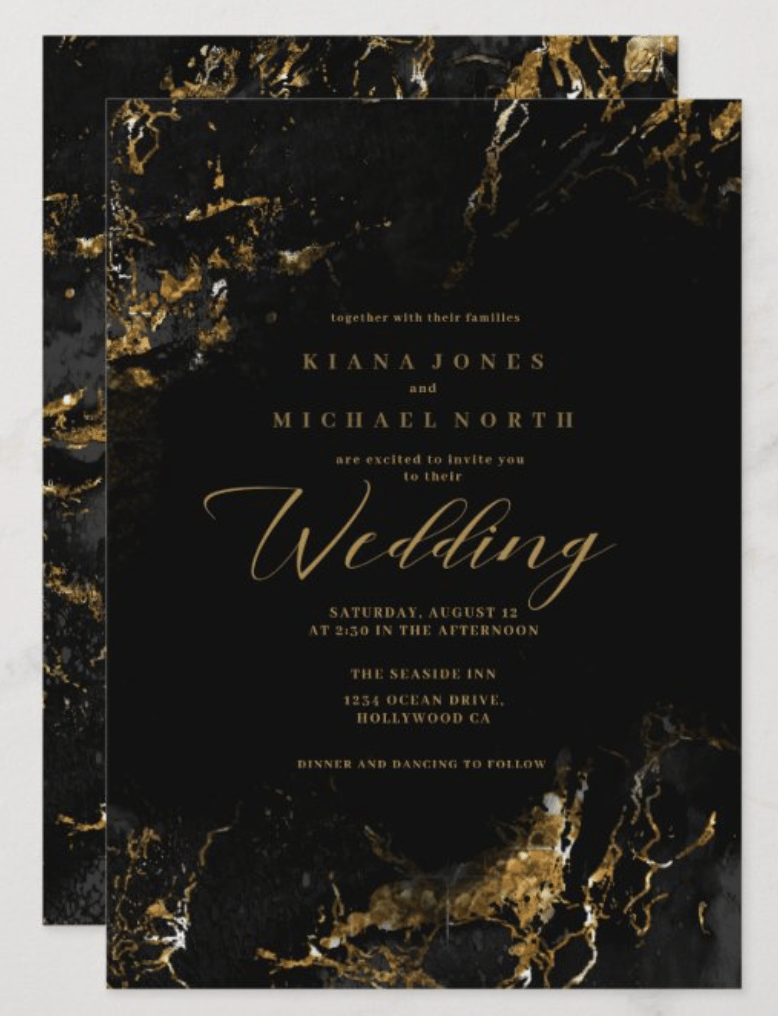 Marble Glitter Wedding Black Gold Invitation