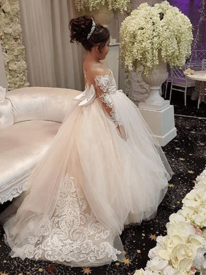 Scoop Neck Ball Gown Flower Girl Dresses Bow(s) Long Sleeves Sweep Train