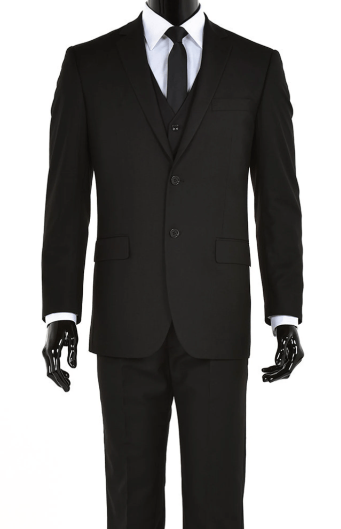 Men's Premium Modern Fit Three Piece Two Button Black Suit