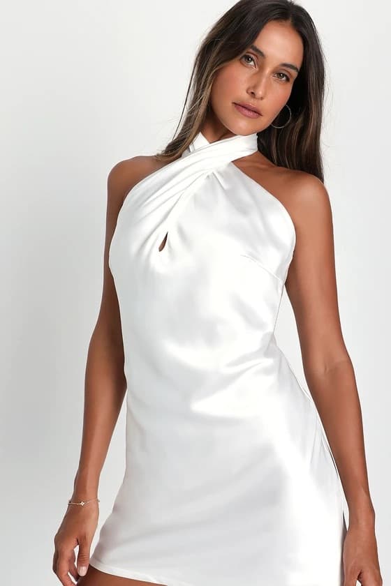 White Satin Halter Mini Dress