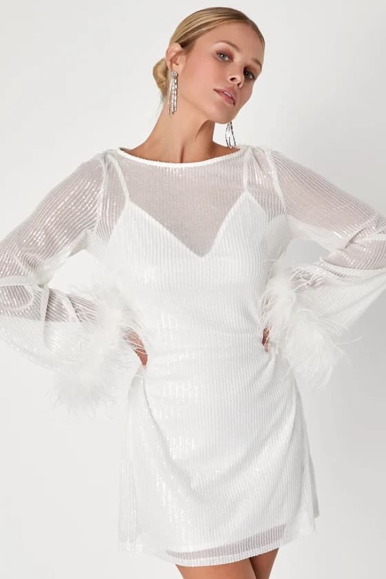 White Sequin Mesh Long Sleeve Mini Dress