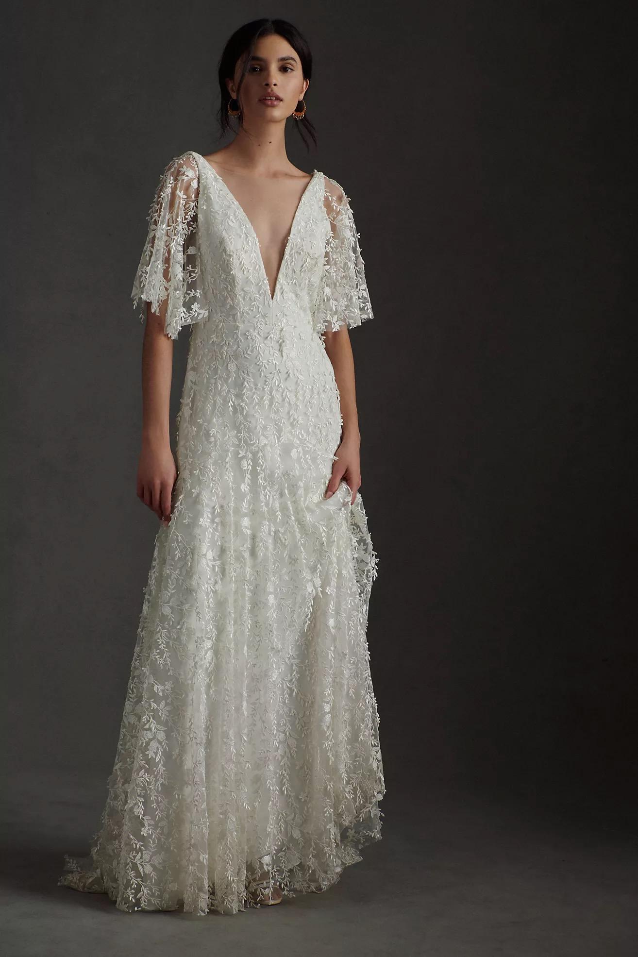 Lourdes V-Neck Convertible-Sleeve Lace Wedding Gown
