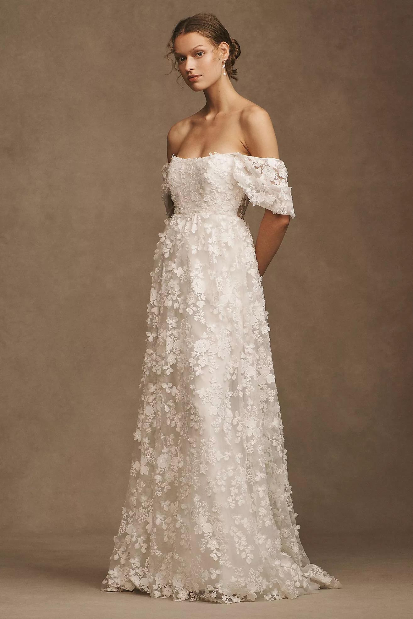 Lilia Puff-Sleeve Lace Empire Wedding Gown