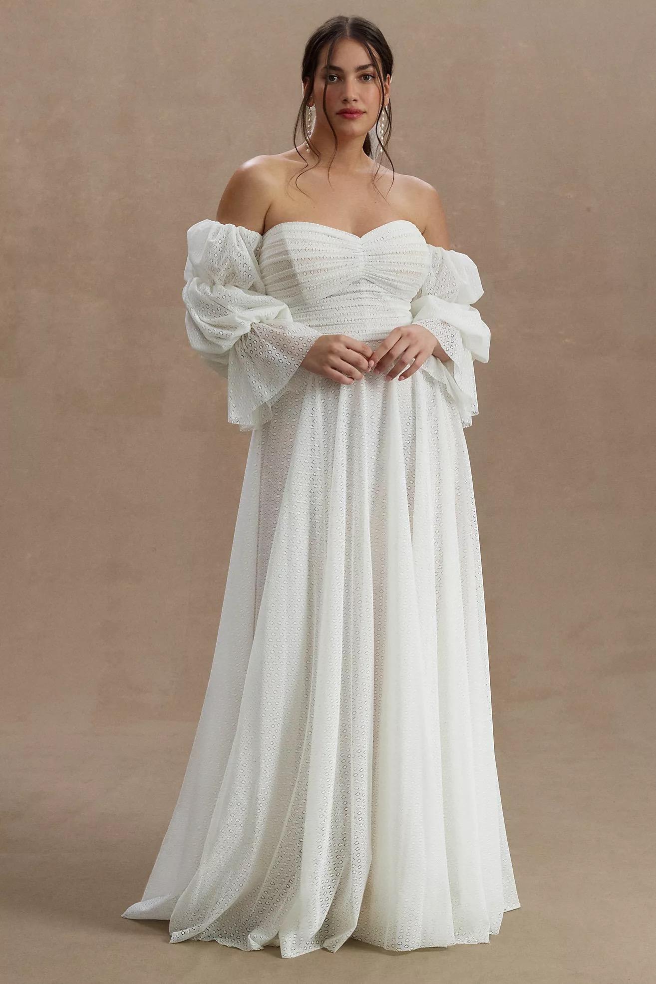 Cameron Tiered-Sleeve Off-Shoulder Mesh Column Wedding Gown