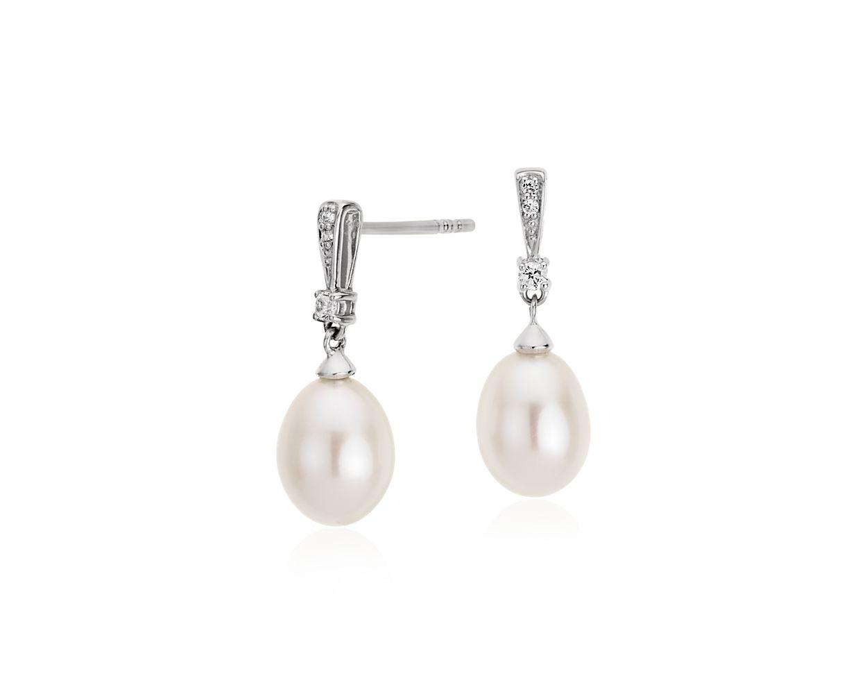 Freshwater Cultured Pearl and White Topaz Drop Earrings In Sterling Silver (7mm)