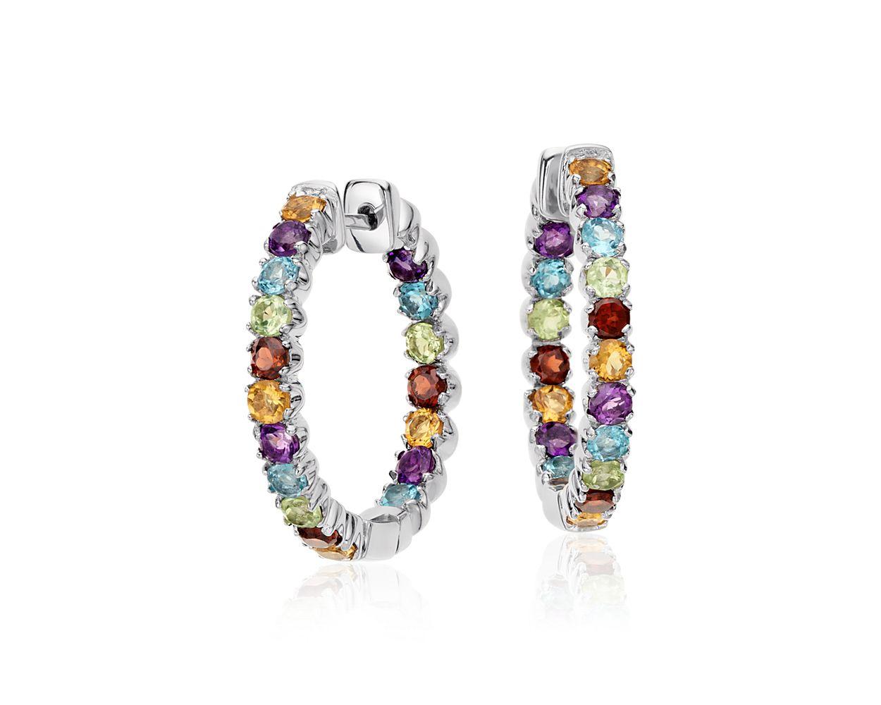 Multicolored Gemstone Hoop Earrings In Sterling Silver (2.5mm)