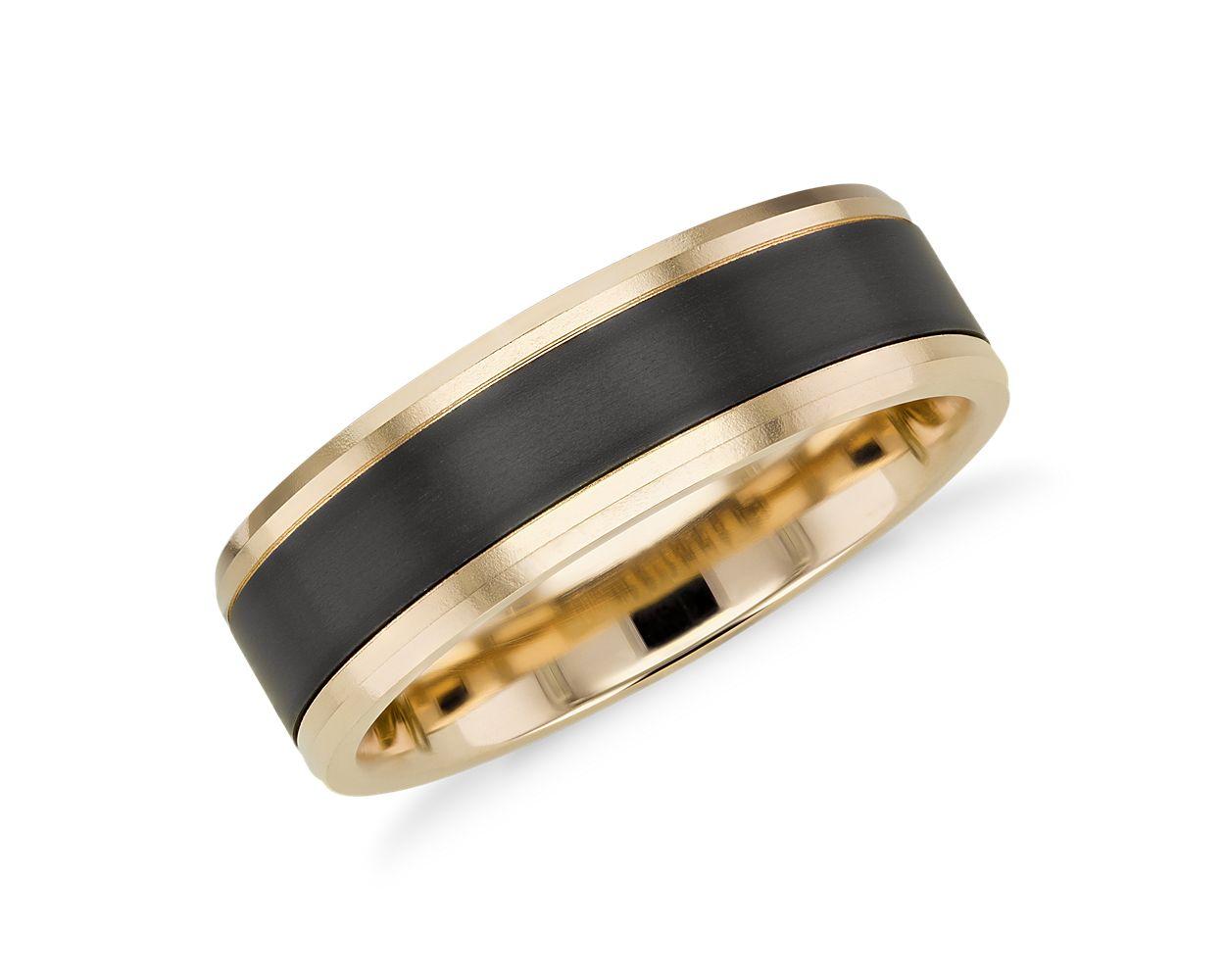 Satin Finish Wedding Ring In Black Titanium and 14k Yellow Gold (7mm)