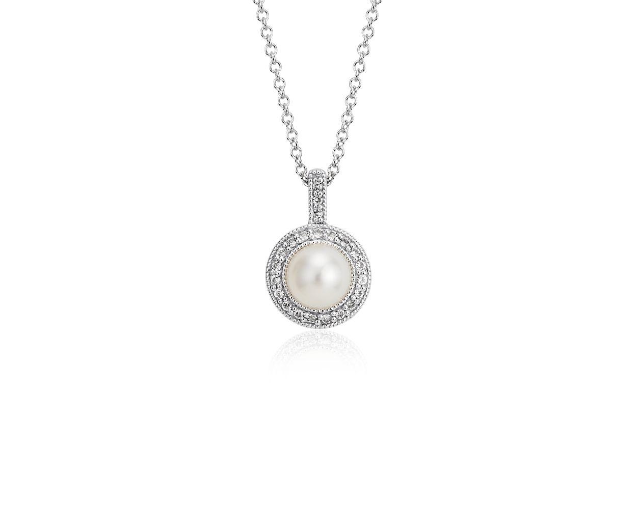 Vintage-Inspired Freshwater Cultured Pearl and White Topaz Halo Pendant In Sterling Silver (6mm)