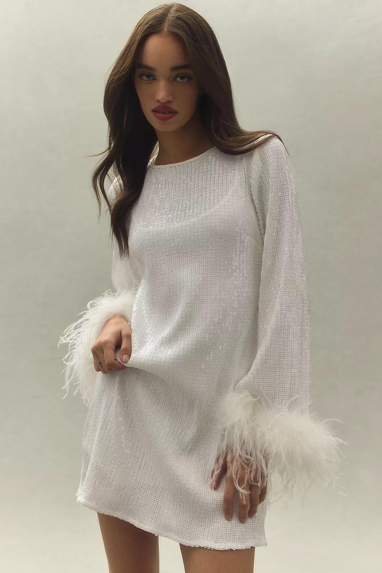 Alissa Faux Feather Long-Sleeve Sequin Mini Dress