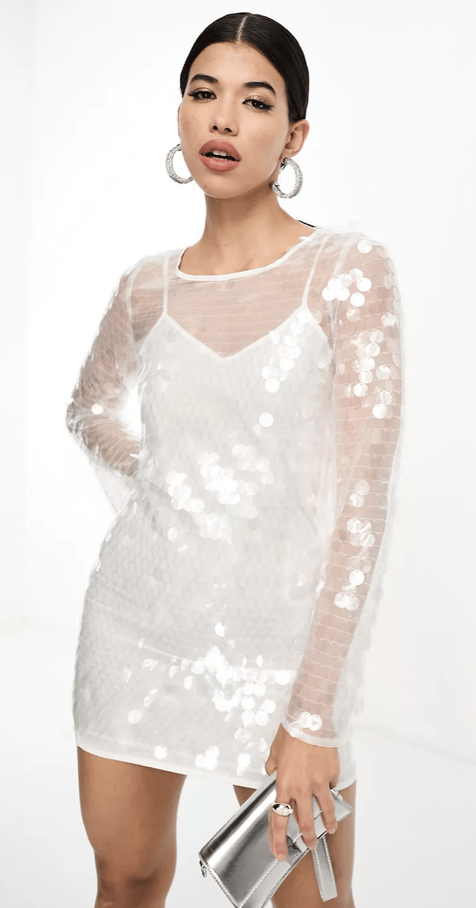 Sheer Disc Sequin Mini Dress in White