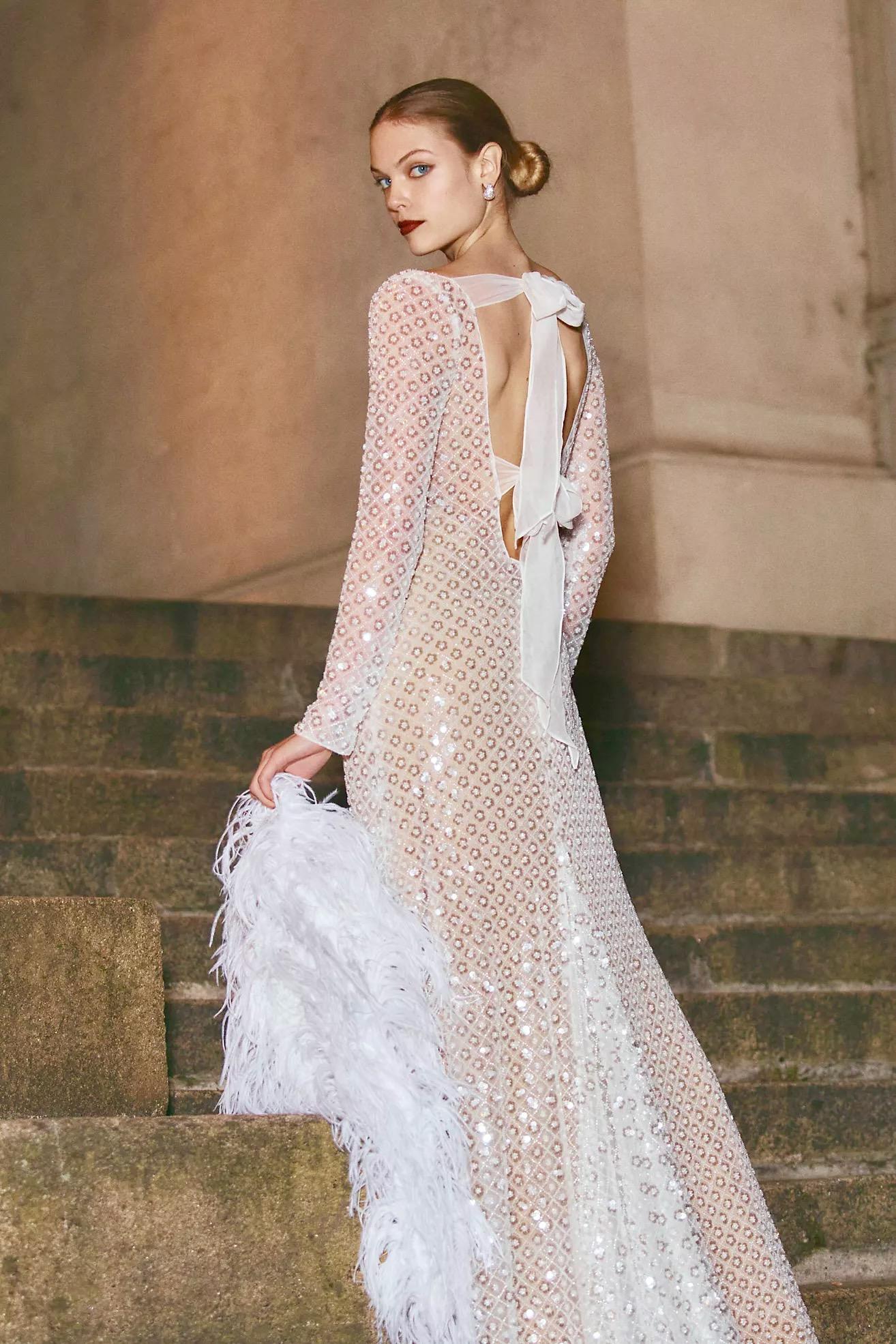 Mia Long-Sleeve Open-Back Sheath Gown