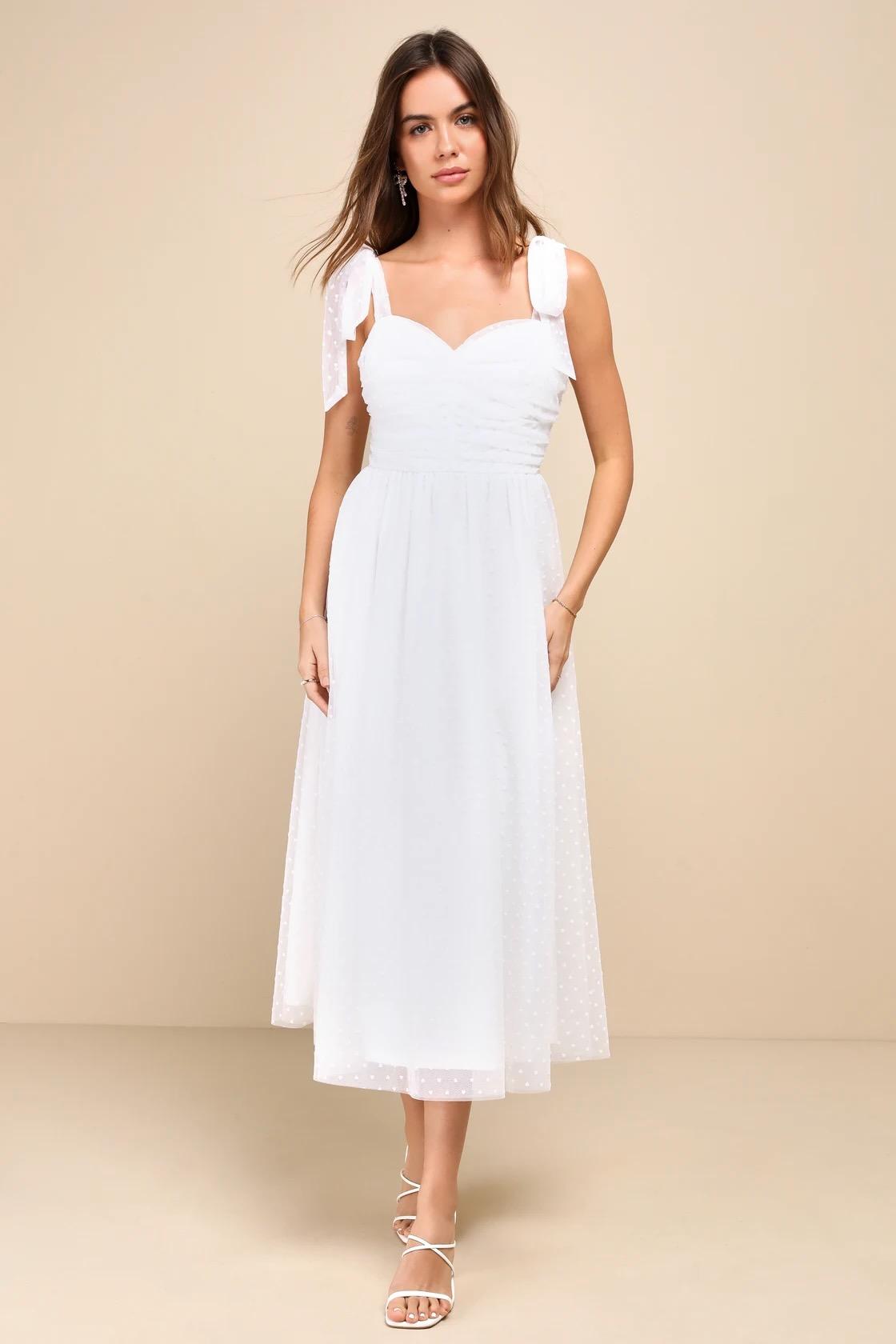 Lovestruck White Tulle Heart Dot Tie-Strap Midi Dress