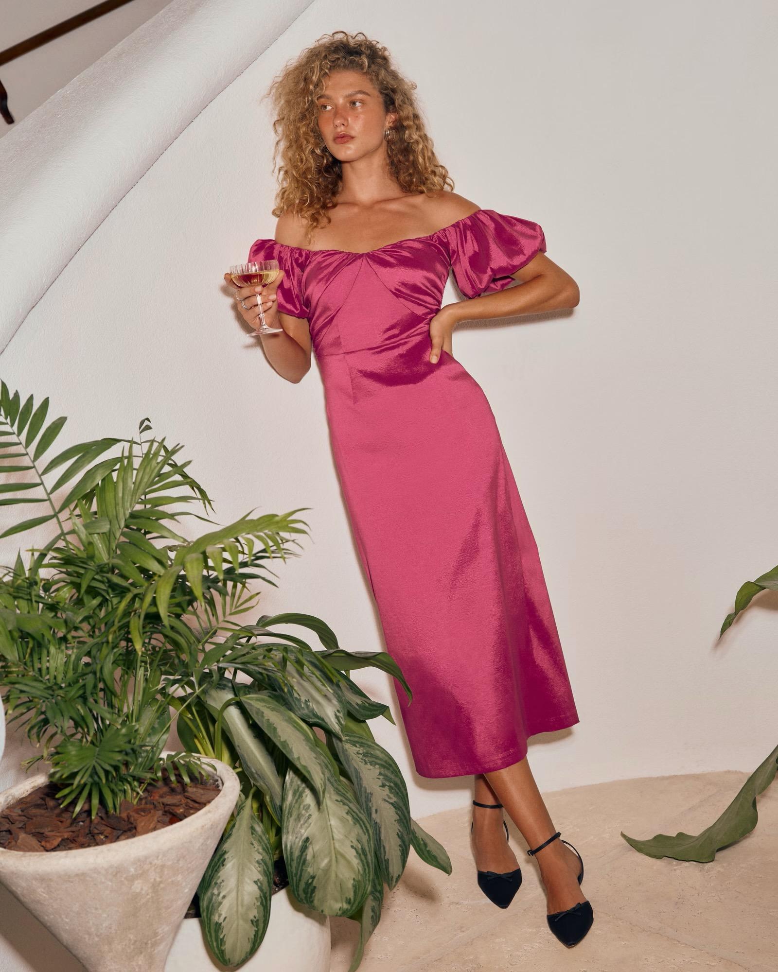 Taffeta Off-The-Shoulder Midi Dress