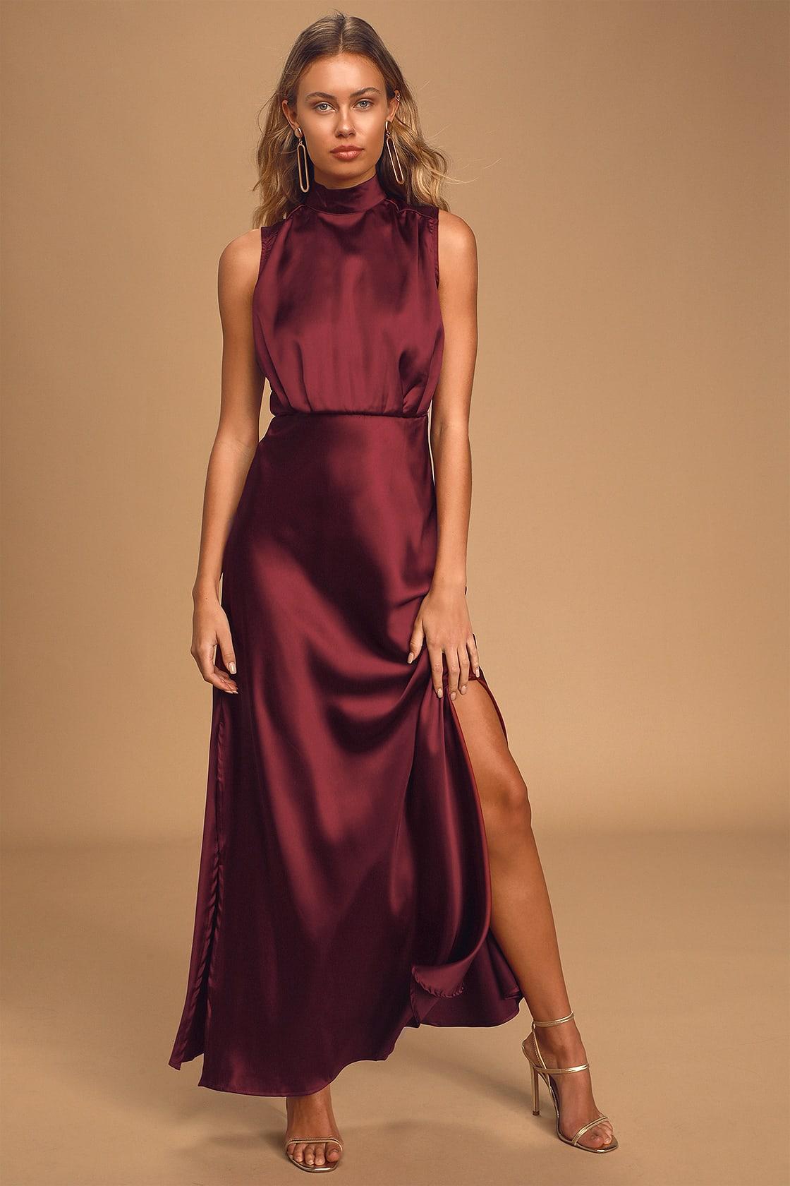 Classic Elegance Wine Satin Sleeveless Mock Neck Maxi Dress