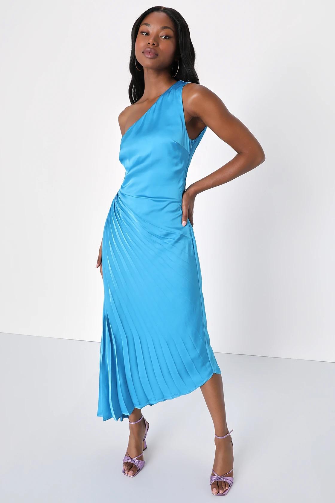 Diva Vibes Satin Pleated One-Shoulder Midi Dress