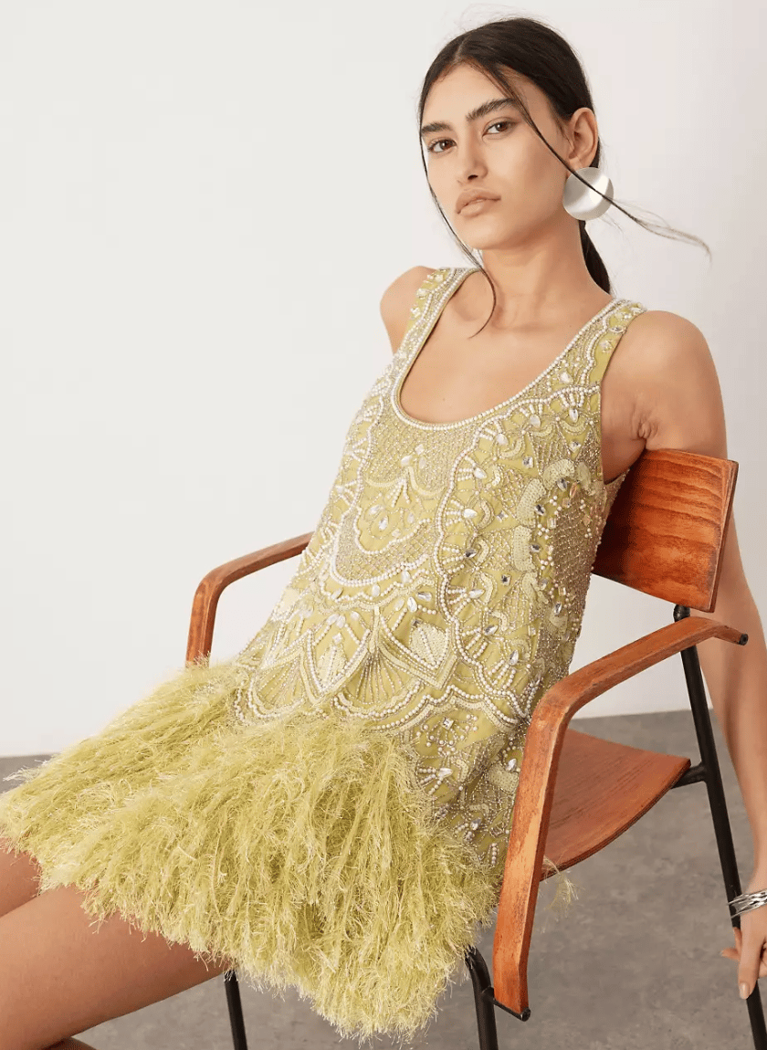 Embellished Faux Feather Mini Dress