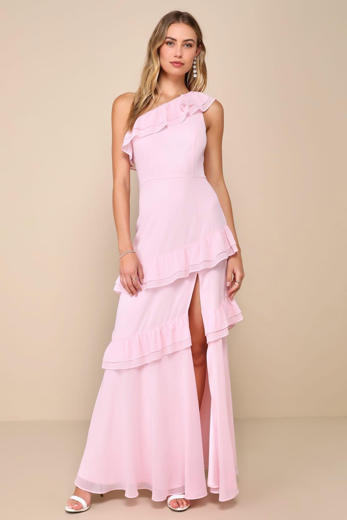 Brilliant Grace Light Pink Ruffled One-Shoulder Maxi Dress