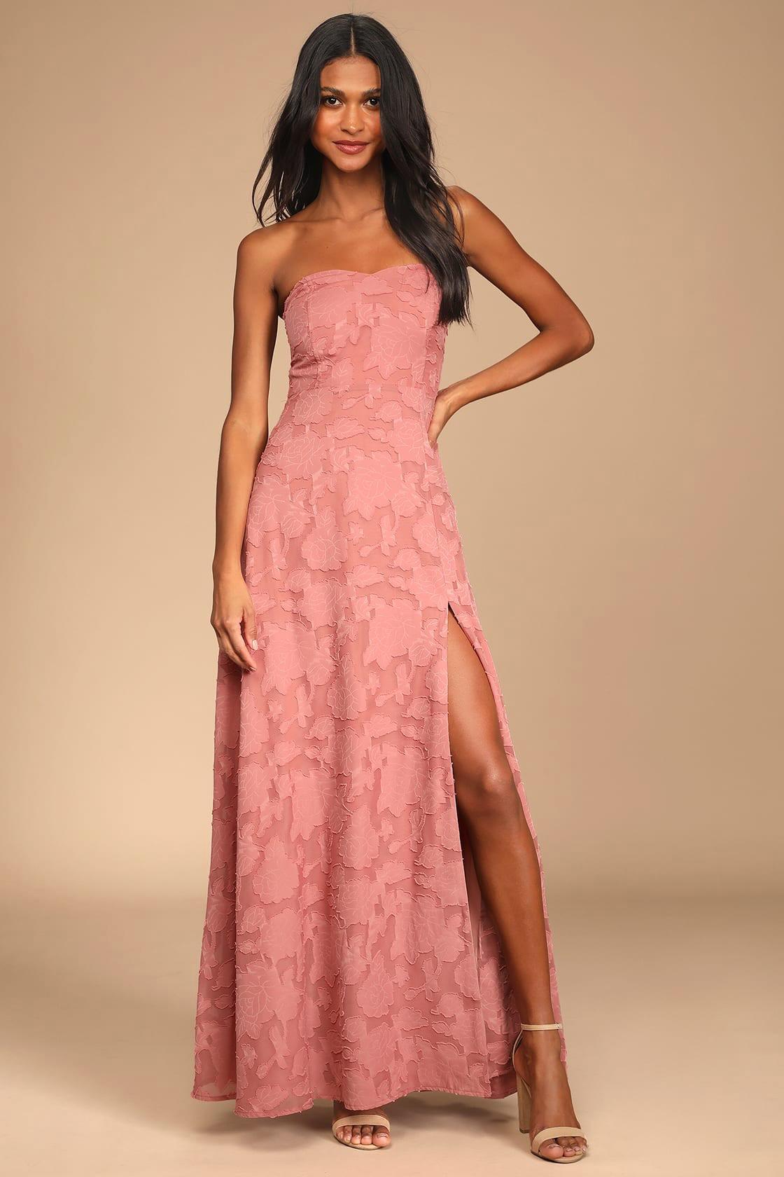 Garden of Romance Rusty Rose Floral Burnout Strapless Maxi Dress