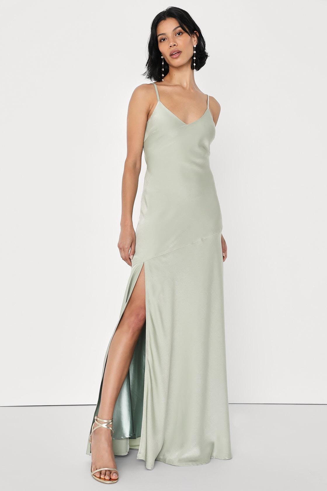 Divine Romance Sage Green Satin Backless Maxi Dress
