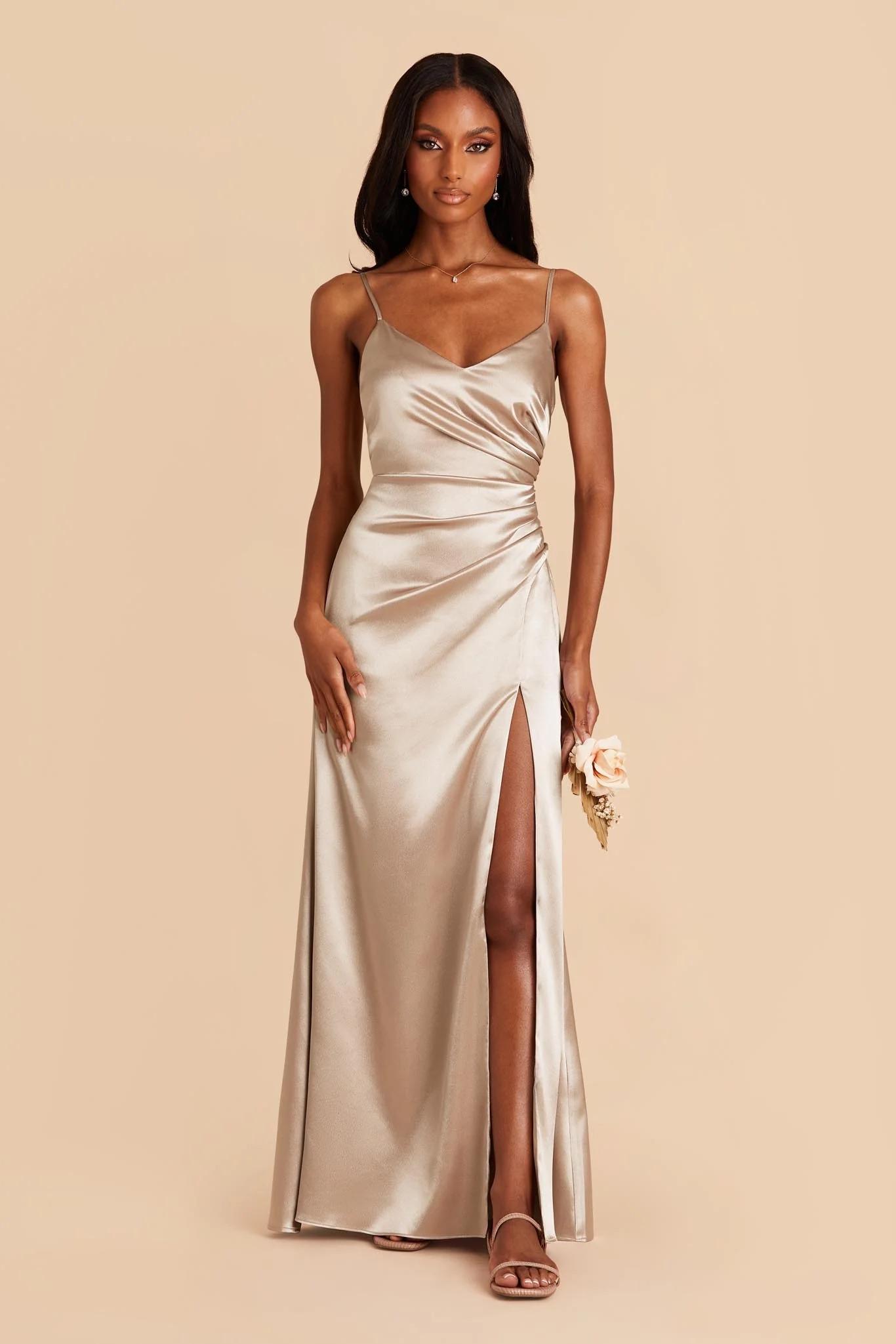 Catherine Shiny Satin Dress in Neutral Champagne