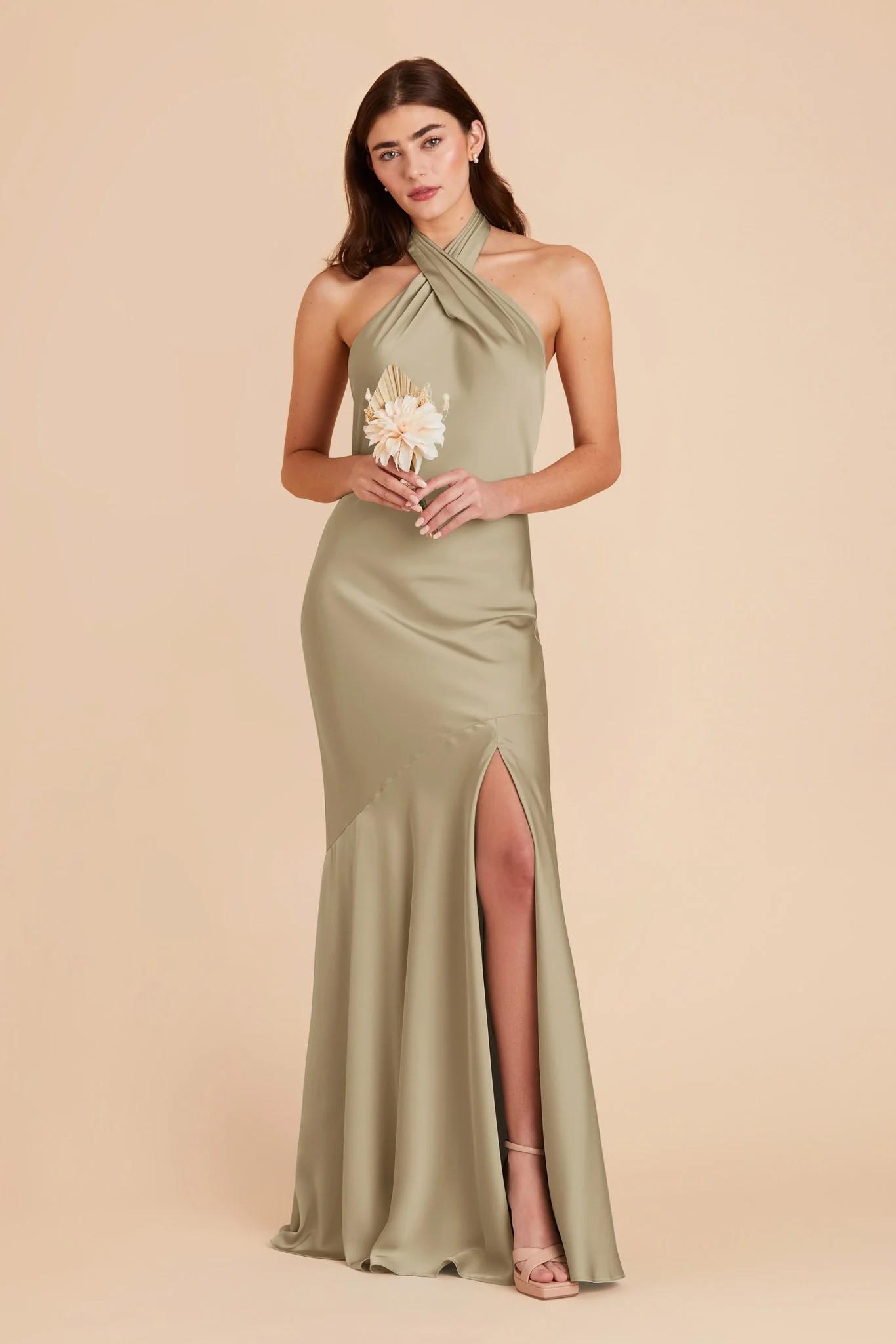 Stephanie Matte Satin Dress in Moss Green