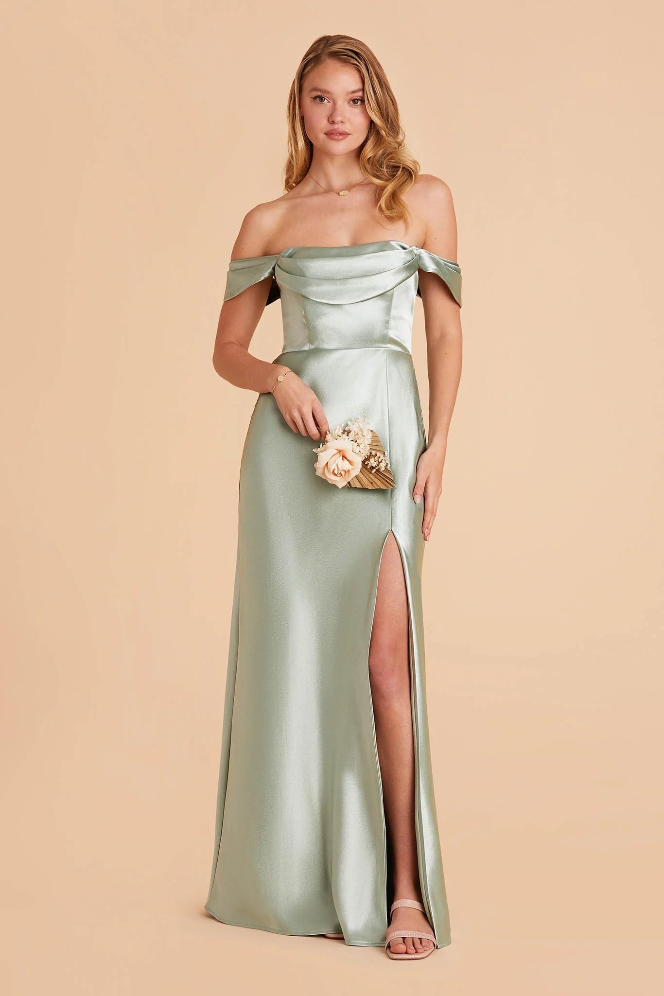 Mia Shiny Satin Dress in Sage