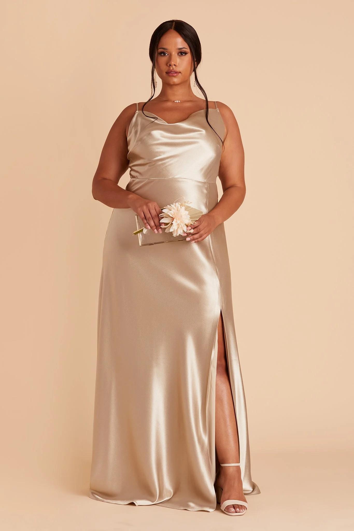 Lisa Long Shiny Satin Dress in Neutral Champagne