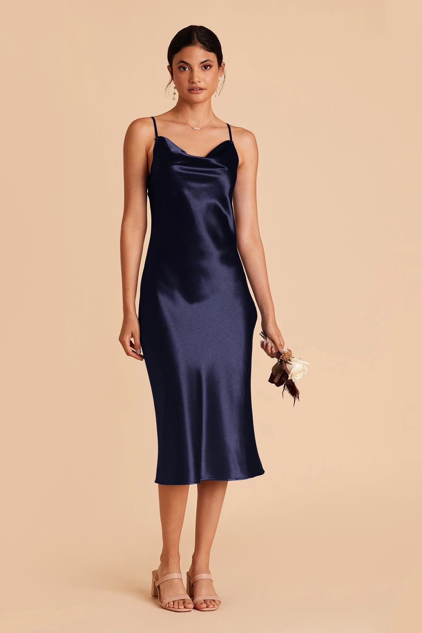 Lisa Midi Shiny Satin Dress in Navy