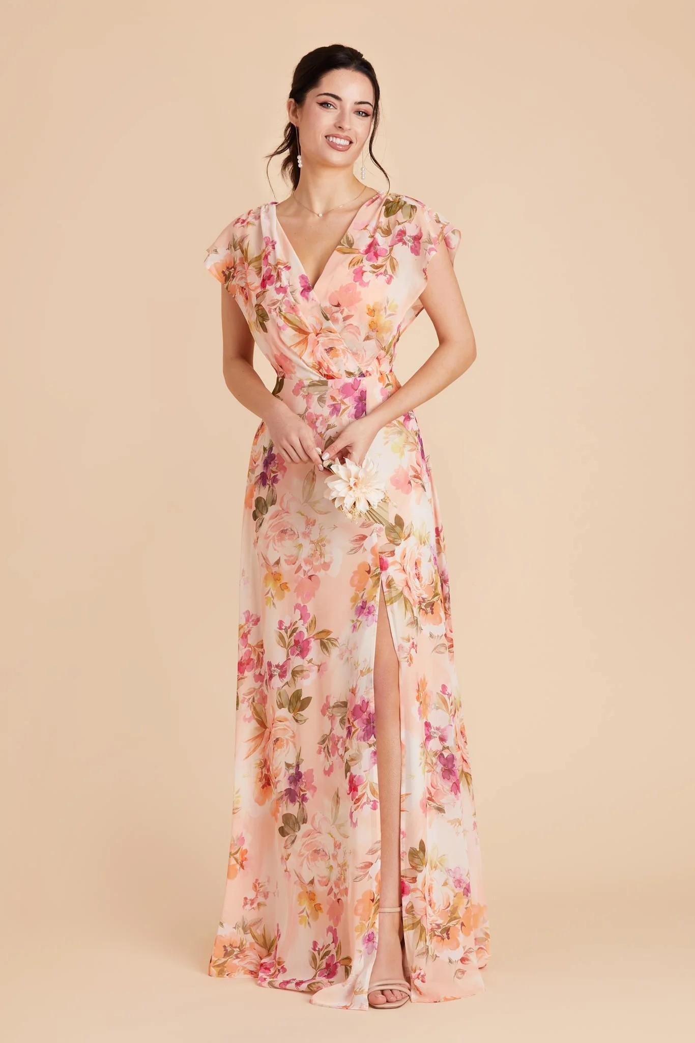 Violet Chiffon Dress in Coral Sunset Peonies