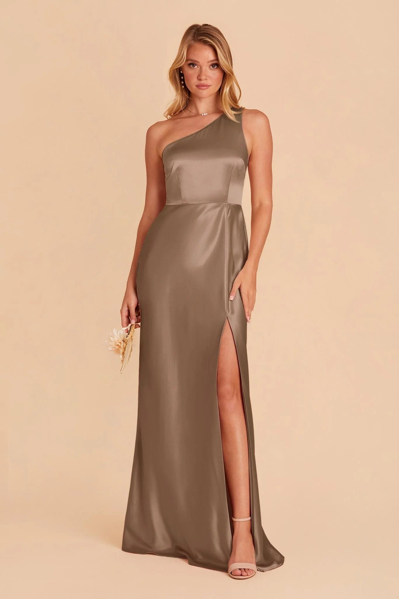 Kira Shiny Satin Dress in Mocha