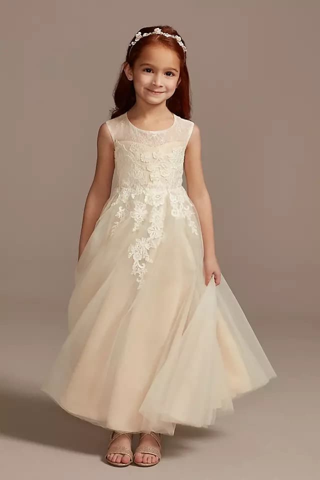 Illusion and Tulle Flower Girl Dress with Applique