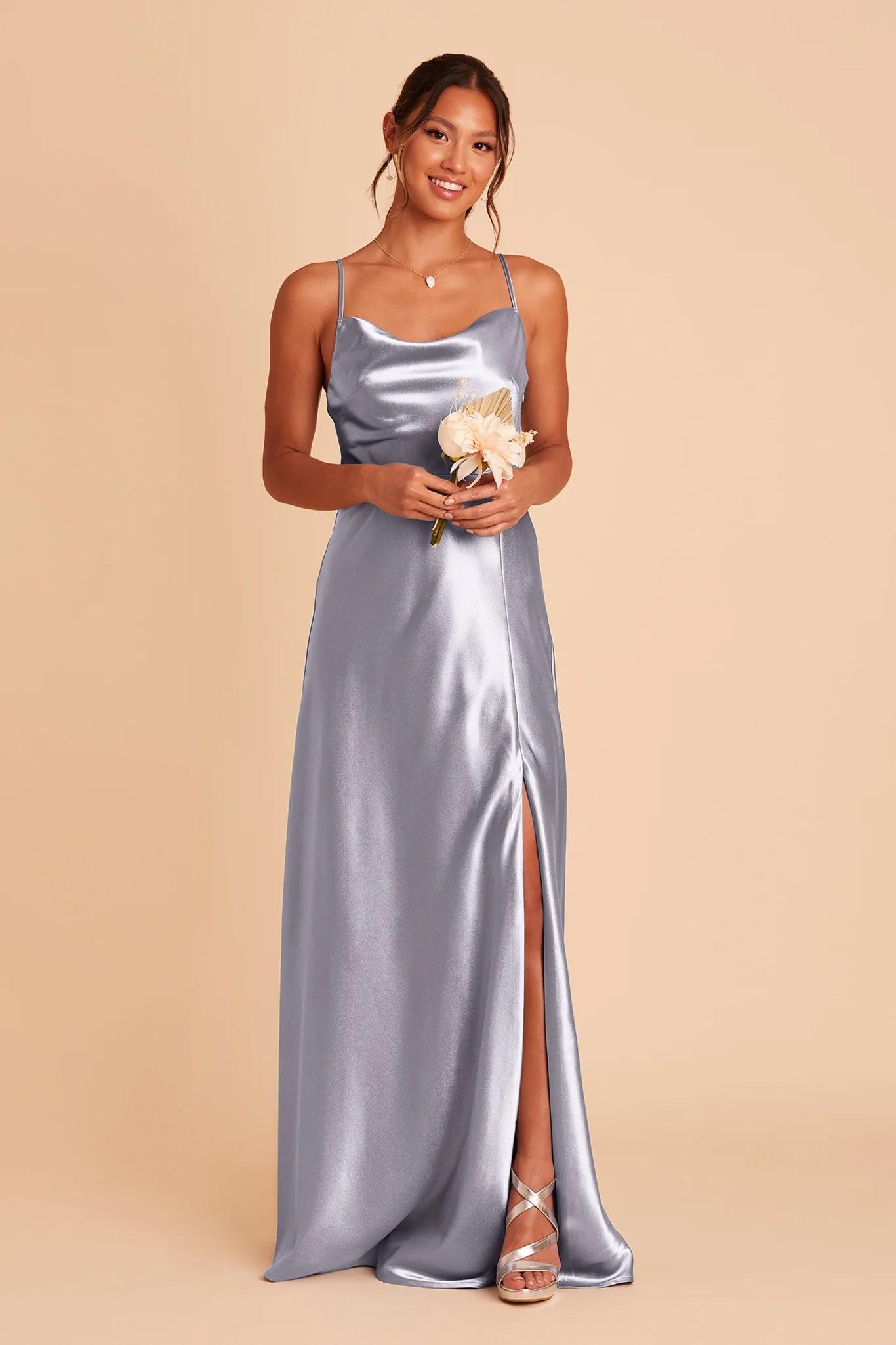 Lisa Long Shiny Satin Dress in Dusty Blue