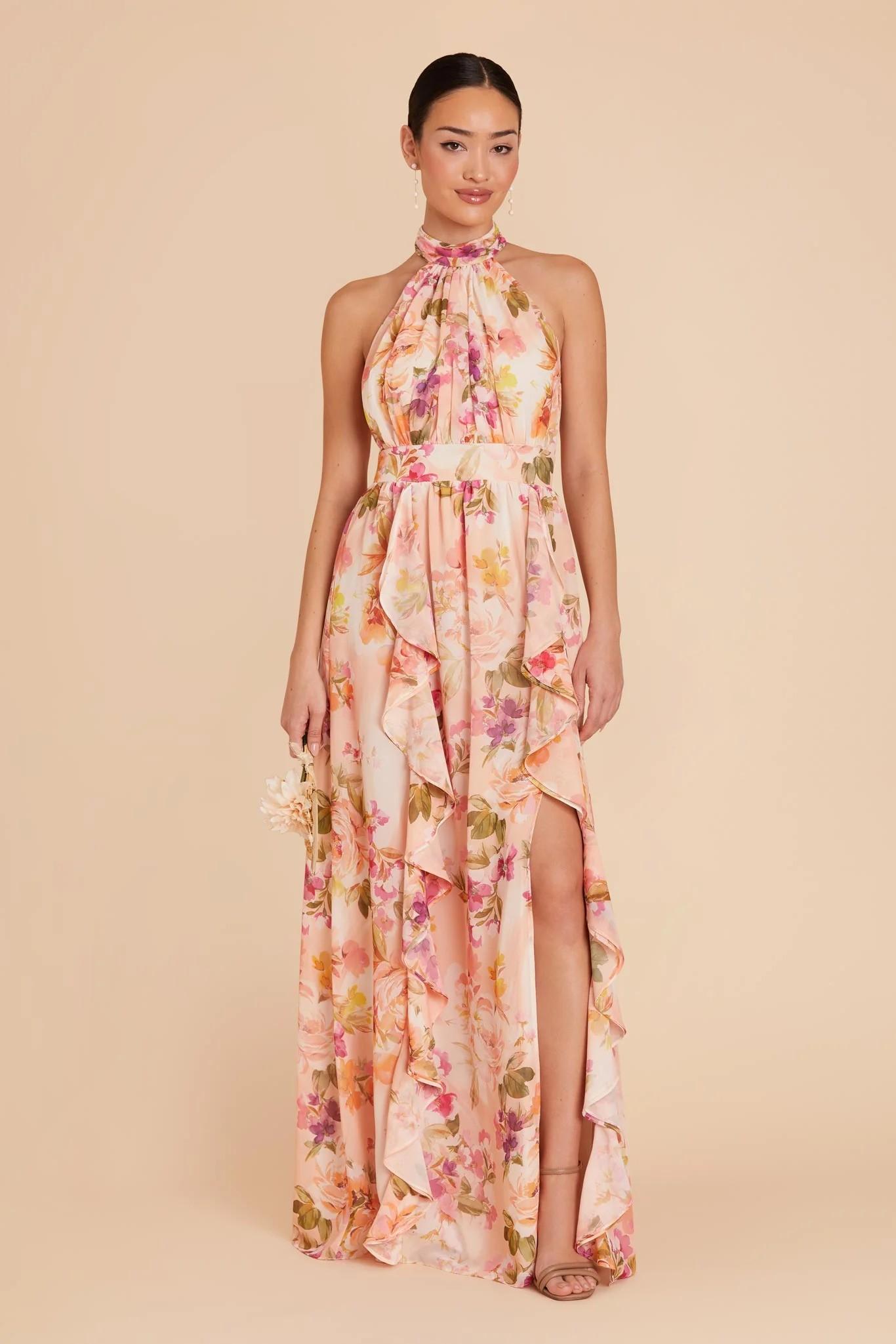 Joyce Chiffon Dress in Coral Sunset Peonies