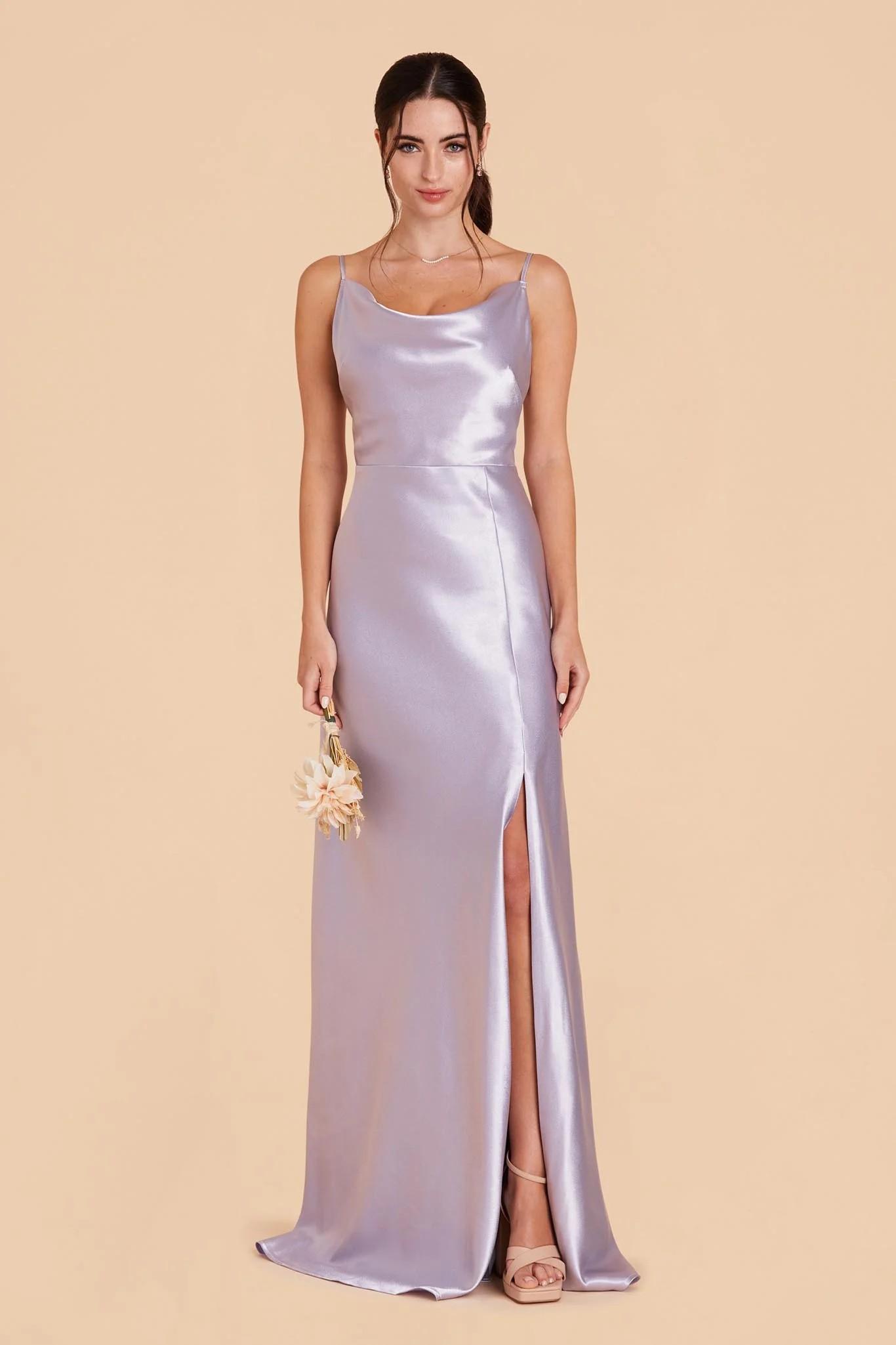 Lisa Long Shiny Satin Dress in Dusty Lilac