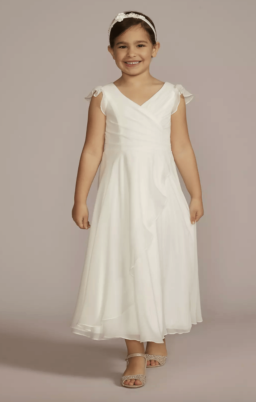 Faux-Wrap Flutter Sleeve Chiffon Flower Girl Dress