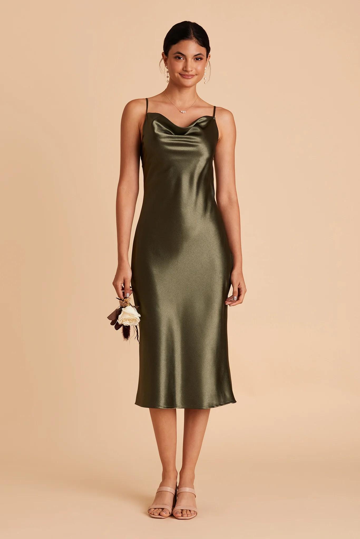 Lisa Midi Shiny Satin Dress in Olive