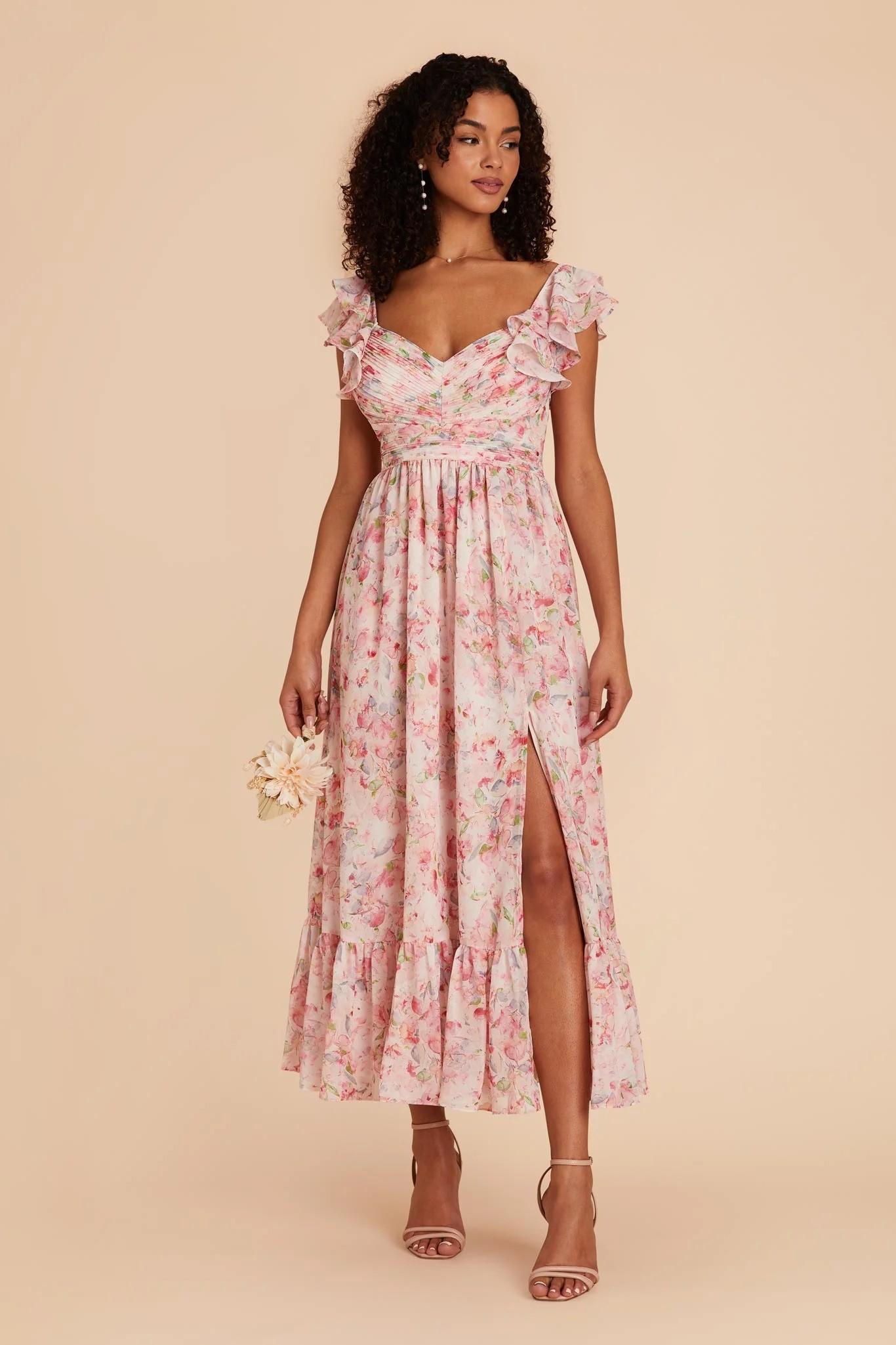 Michelle Chiffon Dress in Pink Falling Petals
