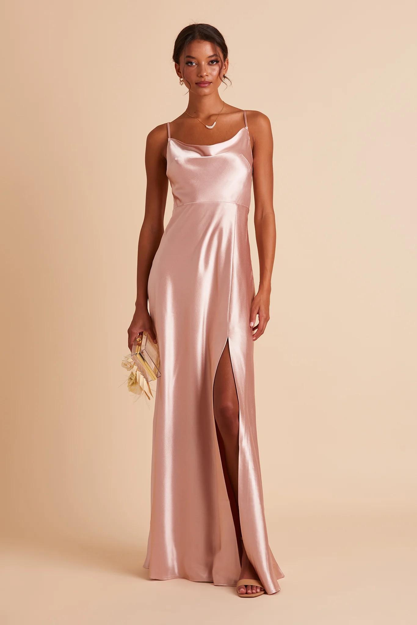 Lisa Long Shiny Satin Dress in Rose Gold
