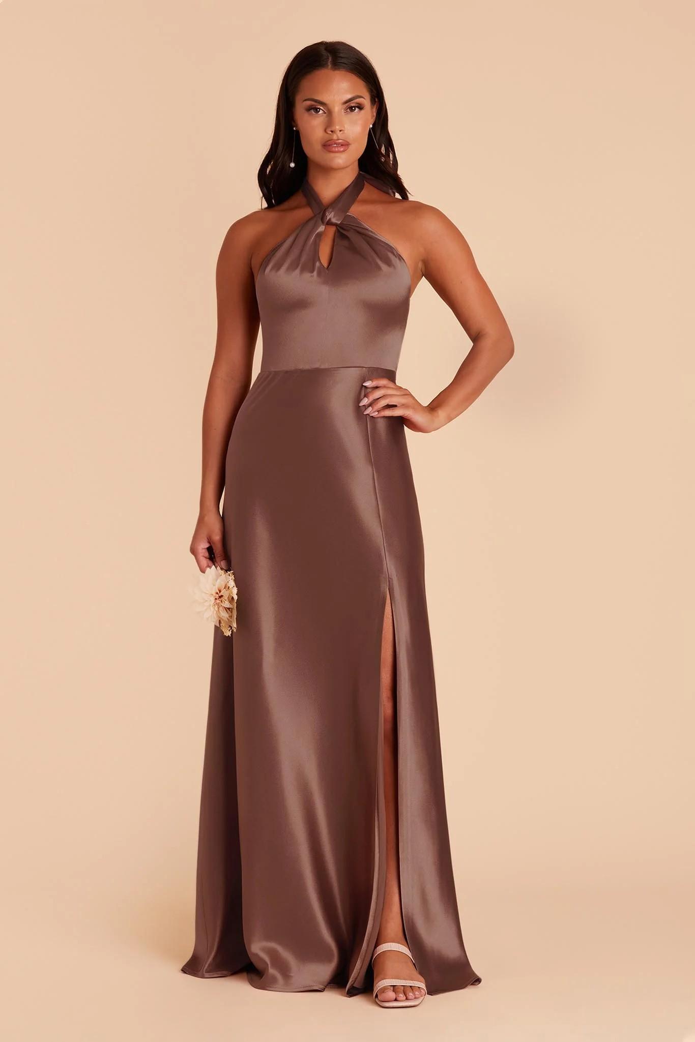Monica Shiny Satin Dress in Chocolate Brown