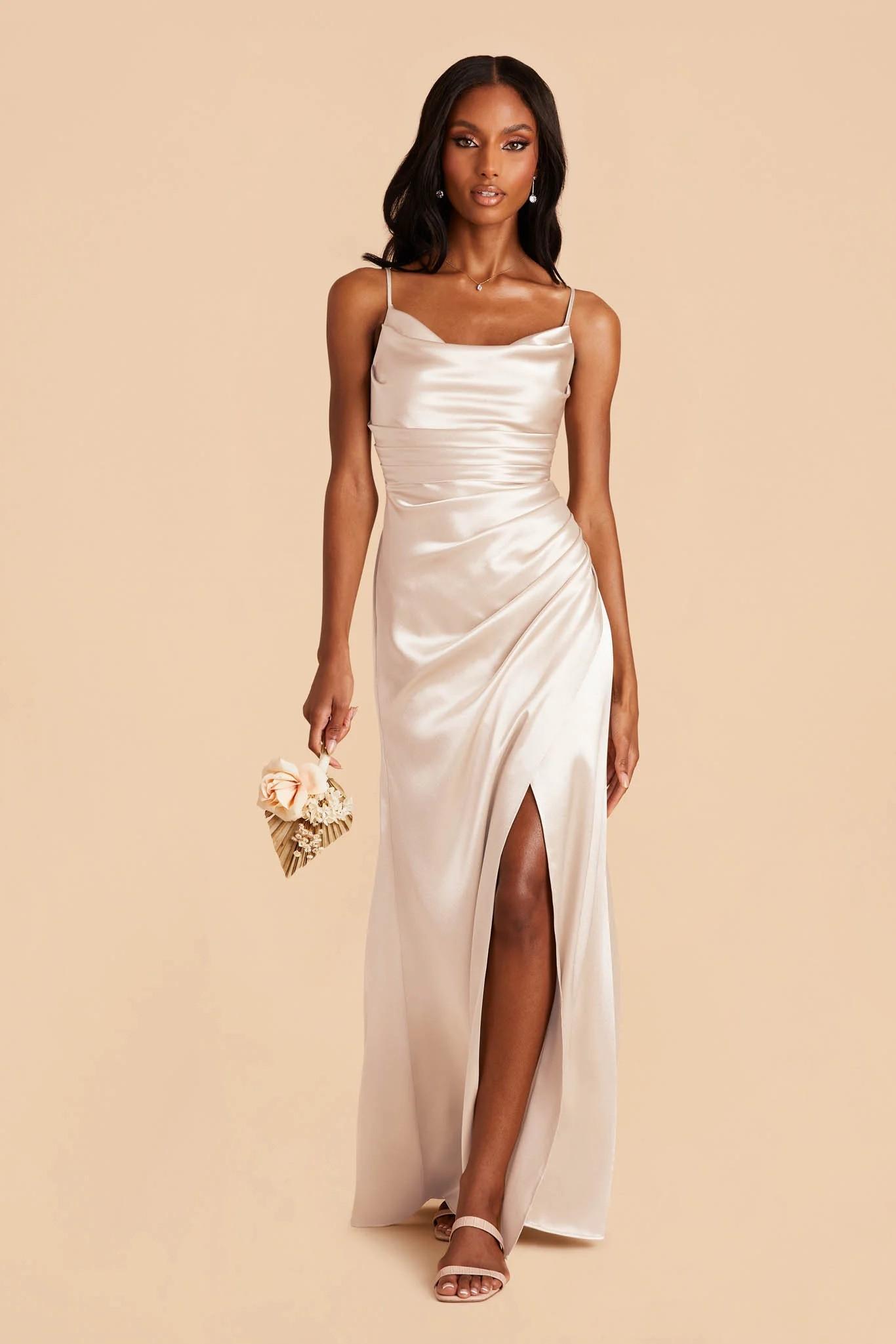 Lydia Shiny Satin Dress in Champagne