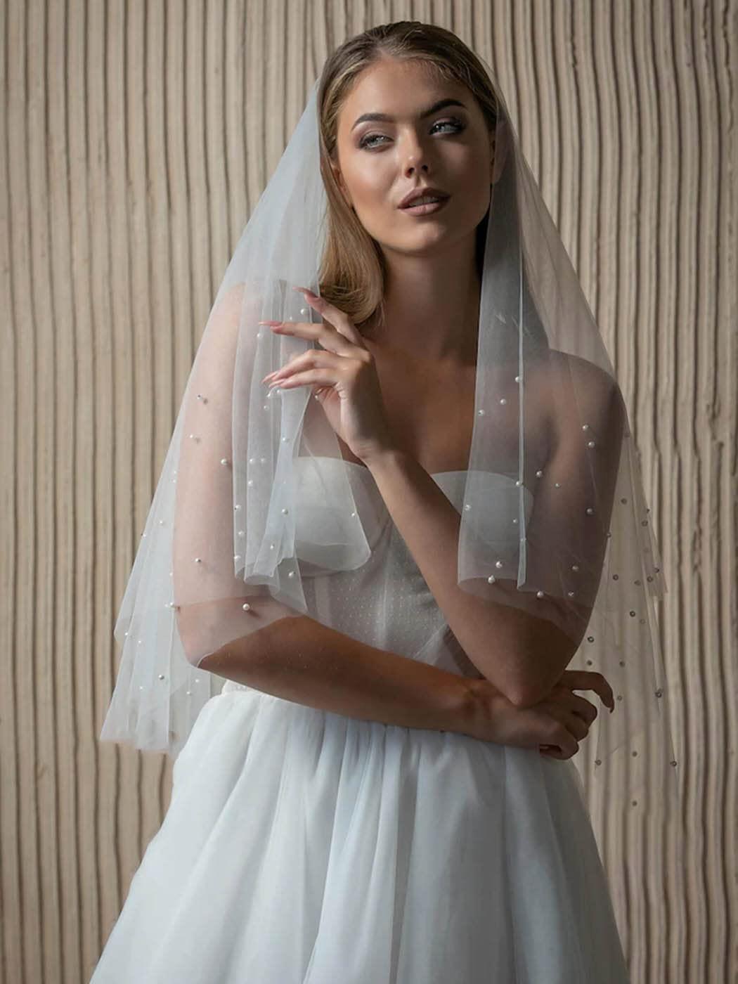 Bride Wedding Veil 2 Tier White Pearl