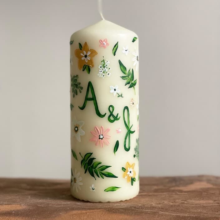 Monogrammed Ivory with Greenery and Pastel Floral Hand-Painted 6” Pillar Candle