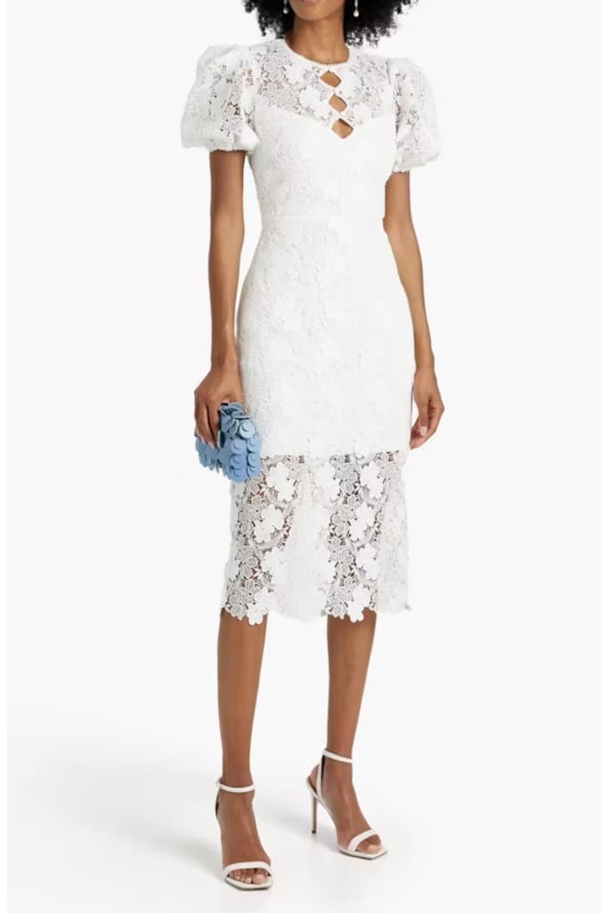 Button-Embellished Cutout Guipure Lace Midi Dress