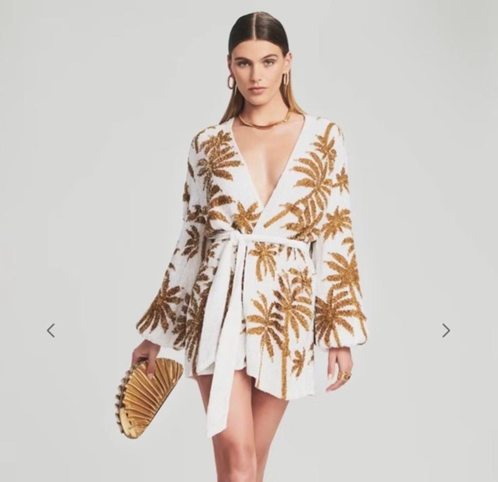 Gabrielle Wrap Sequin White Gold Palm Dress