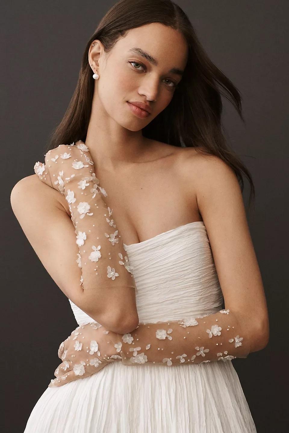 Long Floral Appliqué Gloves
