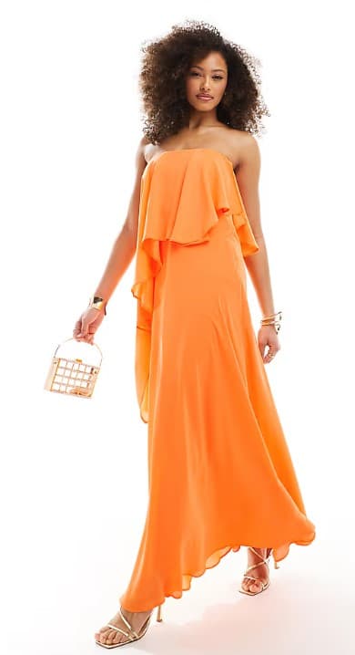 Bandeau Double Layer Bias Maxi Dress in Bright Orange