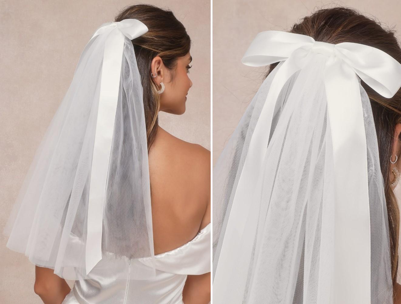 Dreamy Adoration White Satin Bow Hair Clip Veil