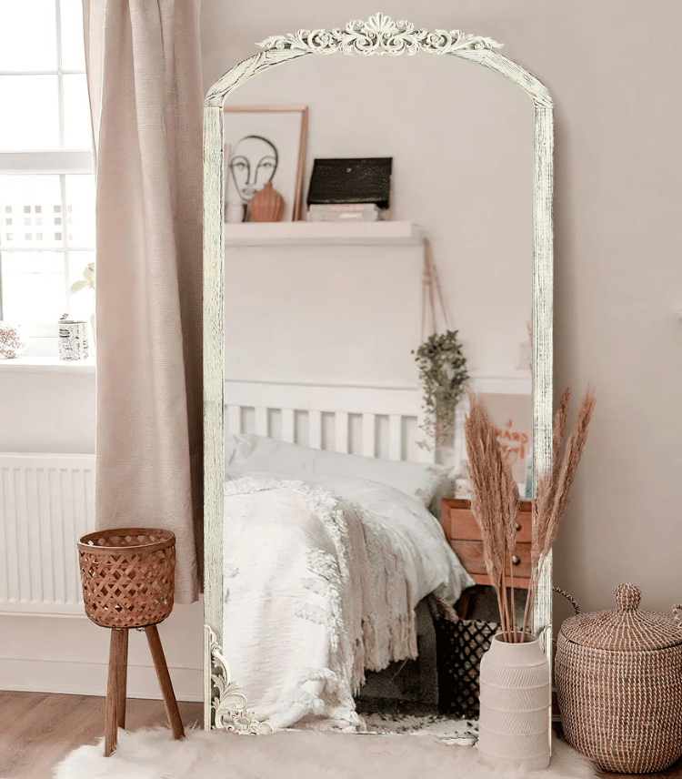 Arched Full-Length Solid Wood Carving Floor Mirror